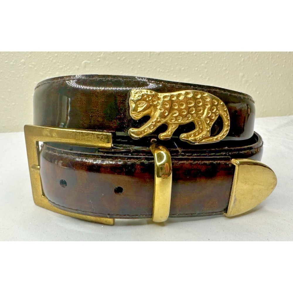 Donna Katz Belt Leopard Print Gold Tone Jaguar Patent Sz 34